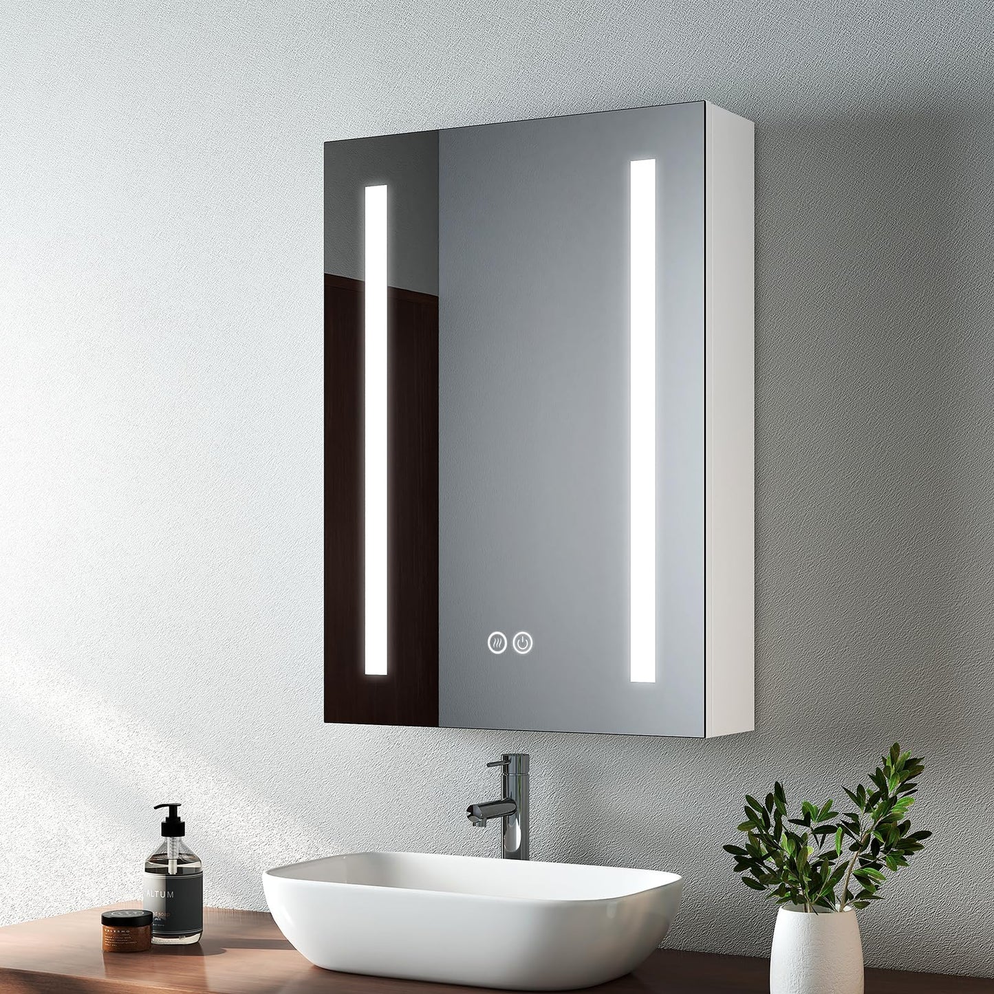 EMKE Led Bathroom Mirror Cabinet, Bathroom Wall Mirror Cabinet with Led Lights with Shaver Socket, Illuminated Mirror Cabinet with Dimmable