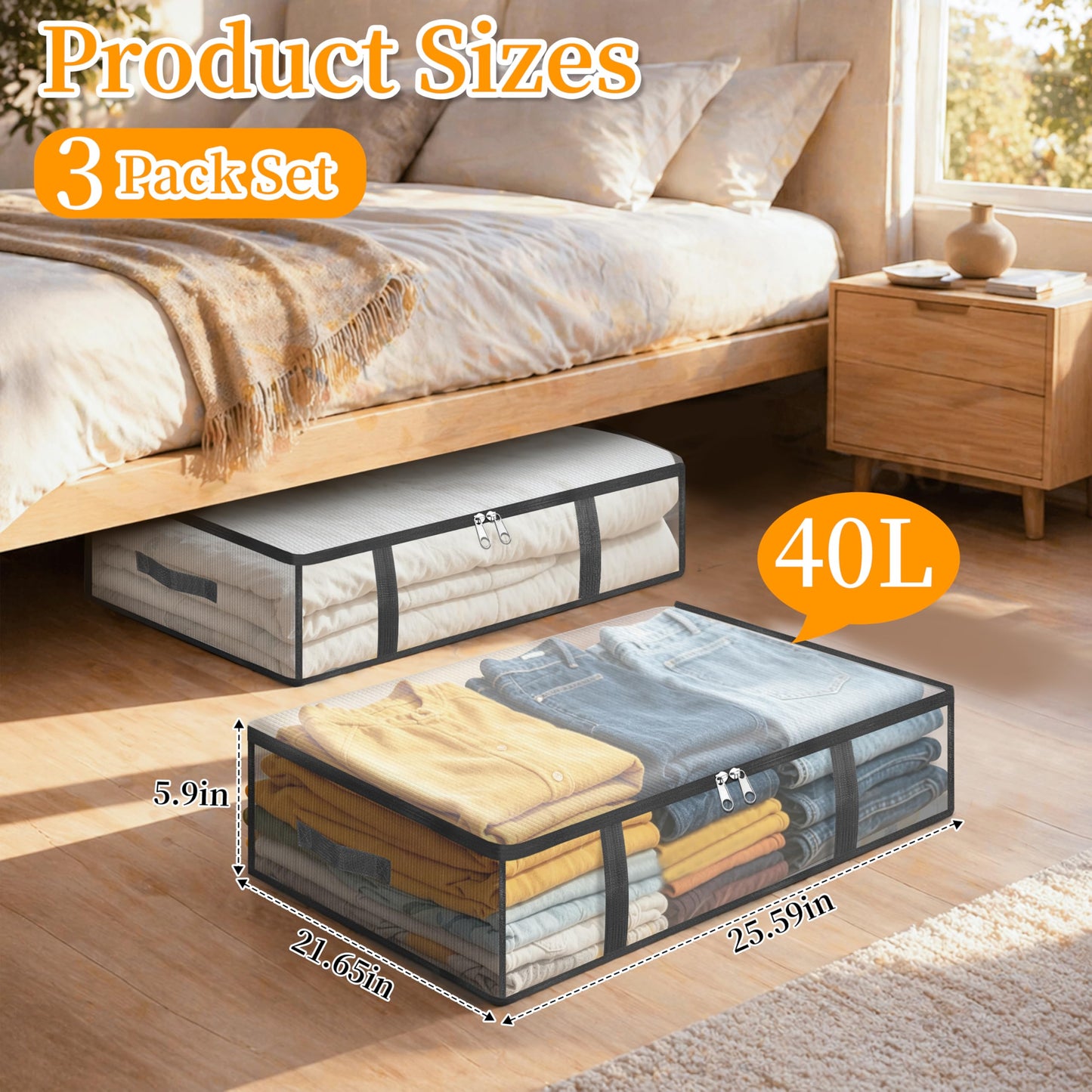 Averrex 3 pack 40L Storage Bags, Clear Under Bed Storage Box with Lids