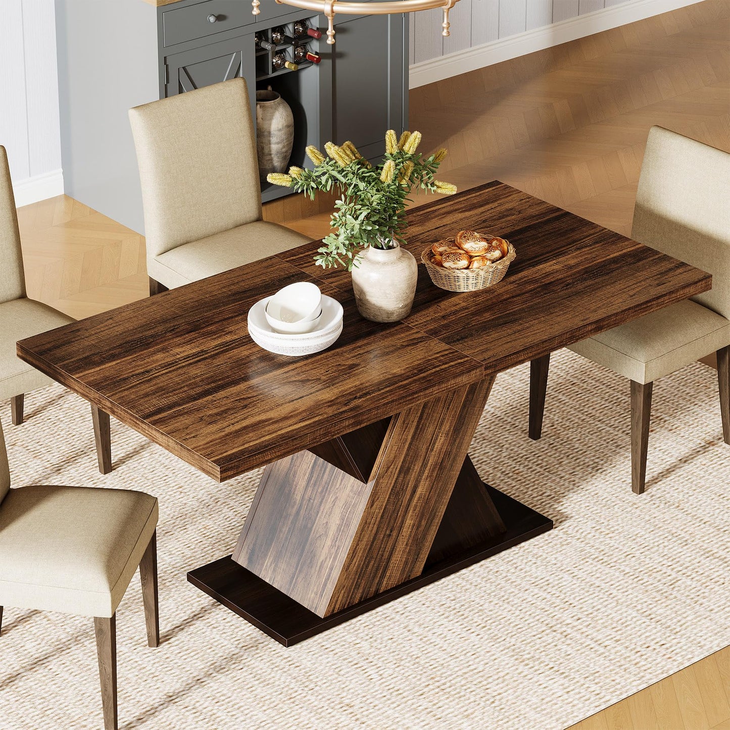 Tribesigns 55-Inch Farmhouse Dining Table for 4, Rectangle Rustic Brown Kitchen Dining Room Table, Wooden Dinner Table for Home Dining Room