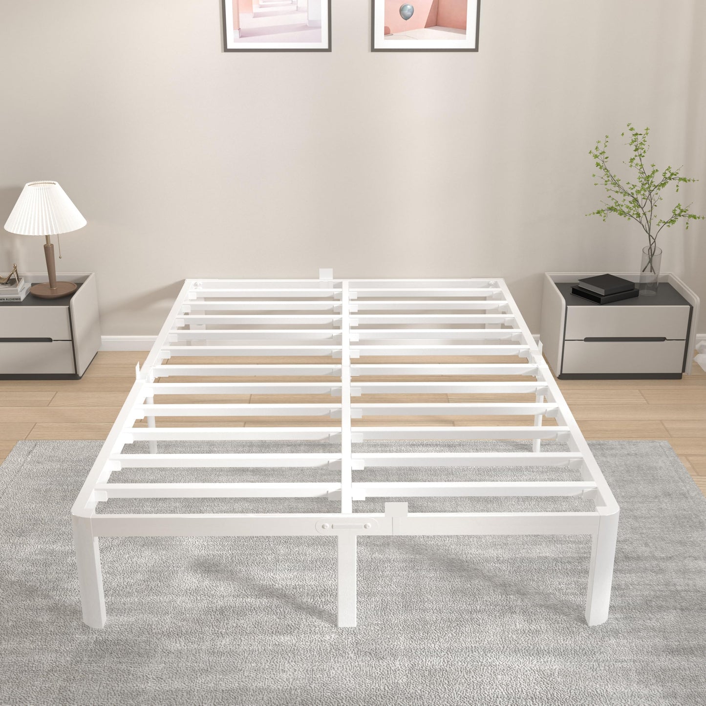 KVLKBV Double Bed Frame 135 x 190 cm, White Bed Frame with Metal Anti-slip Gasket and Large Storage Space Under Bed - Suitable for Bedroom