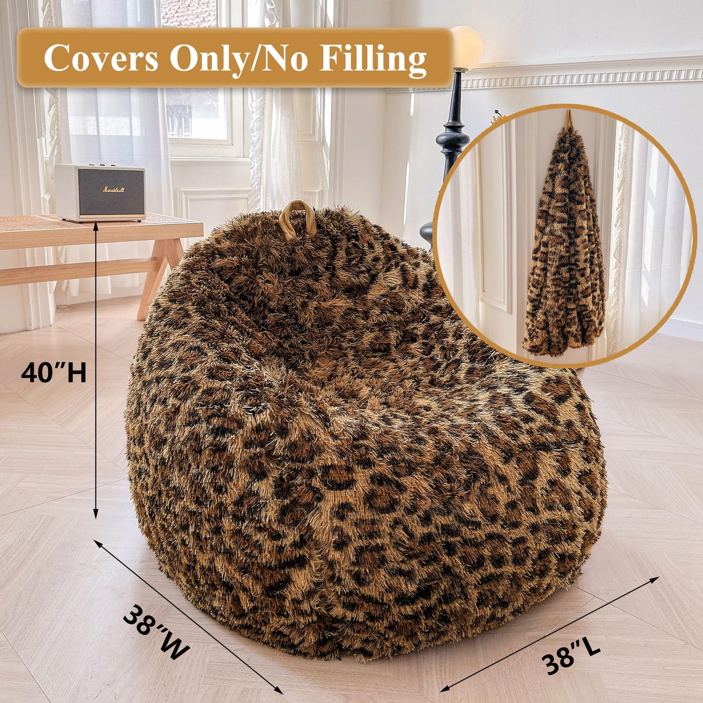 XeGe Faux Fur Leopard Print Bean Bag Chair Cover(No Filler), Cheetah Brown