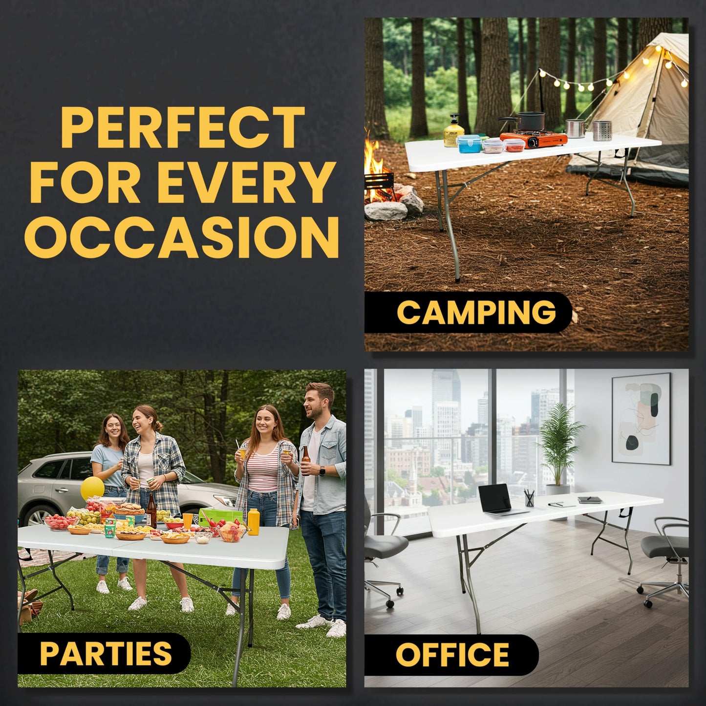 6ft Heavy Duty Folding Table - Fold in Half with Carry Handle - Portable Indoor Outdoor for Garden, BBQ, Car Boot Sale, Camping, Pasting, Party