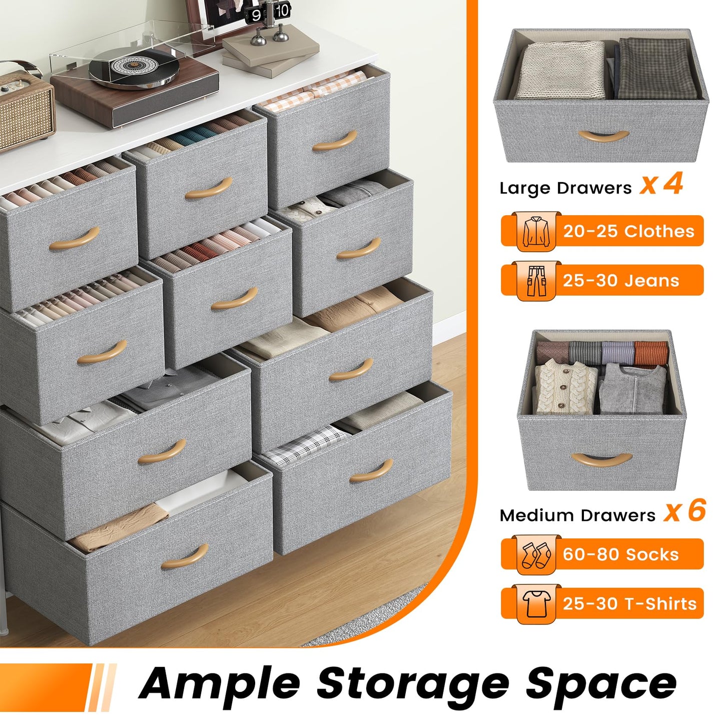 Feonase Chest of Drawers, Bedroom Tall Dresser with 10 Fabric Drawers, Metal Frame & MDF Wood Top, Adjustable Feet