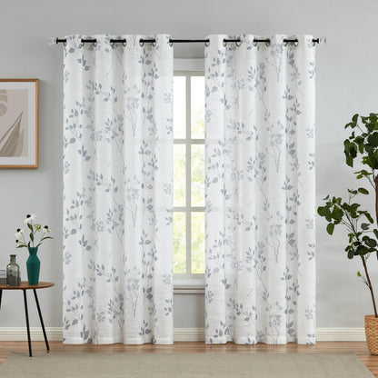 Beauoop Grey Semi Sheer Floral Curtains for Living Room 90 Drop Linen Textured Farmhouse Curtains for Bedroom Leaf Printed Eyelet Rustic Drapes Window