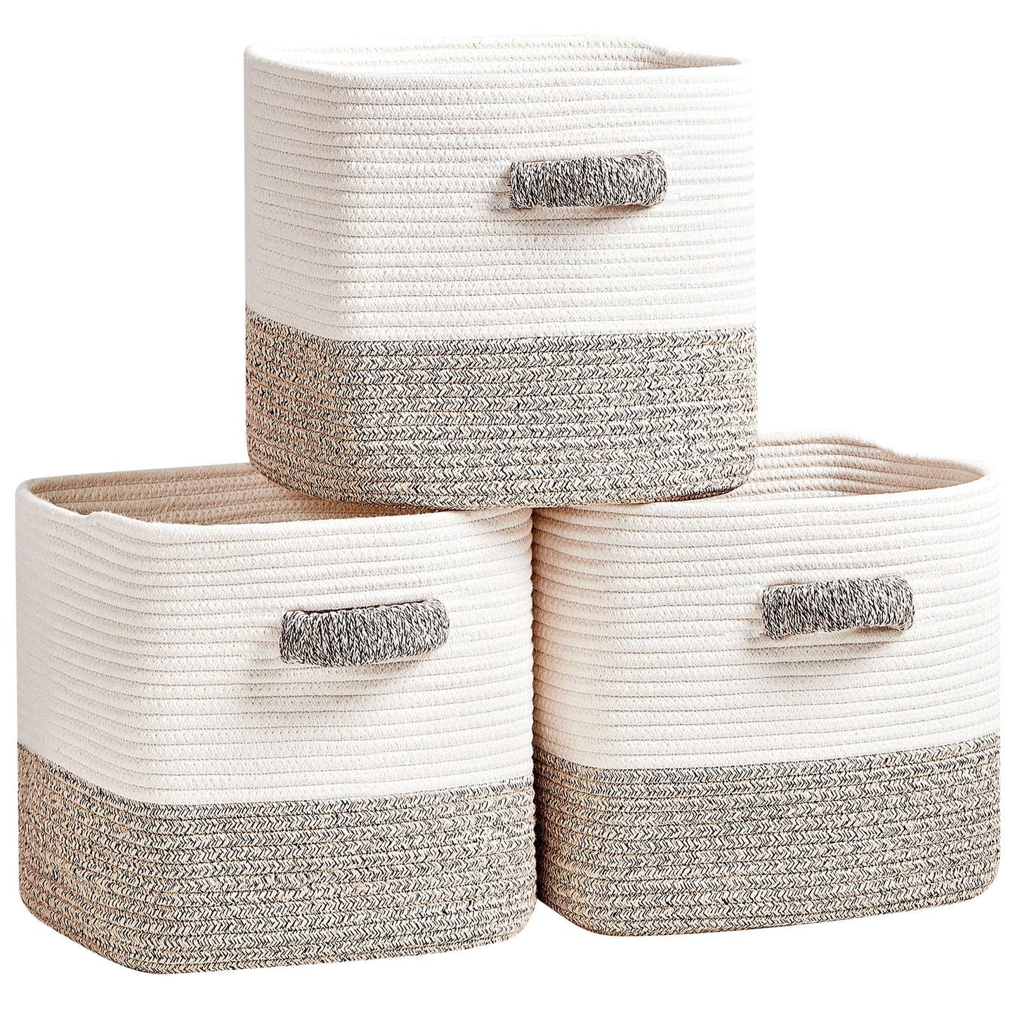 R RUNKA Storage Cube Baskets 3-Pack - 11 inch Square Baskets, Closet & Shelves Organizers - Woven & Drawer Storage - Ideal for Toys | White & Beige