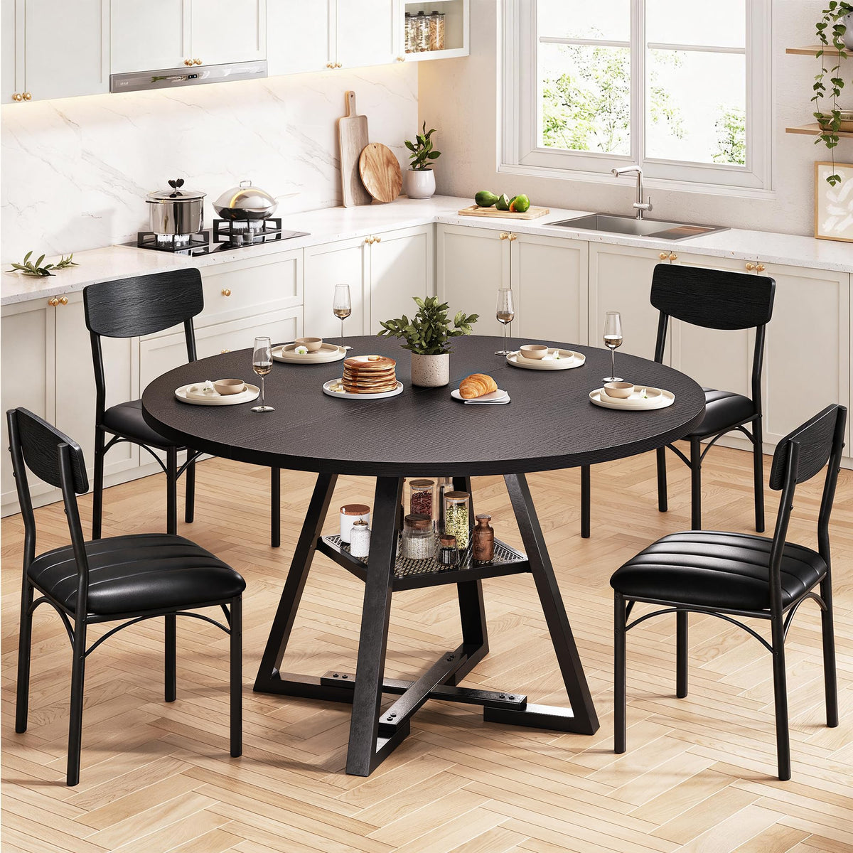 Jocoevol Round Dining Table and 4 Chairs Set of 4-6, Circle Dinner Table with Shelves, Space Saving Wood Kitchen & Dining Room Furniture