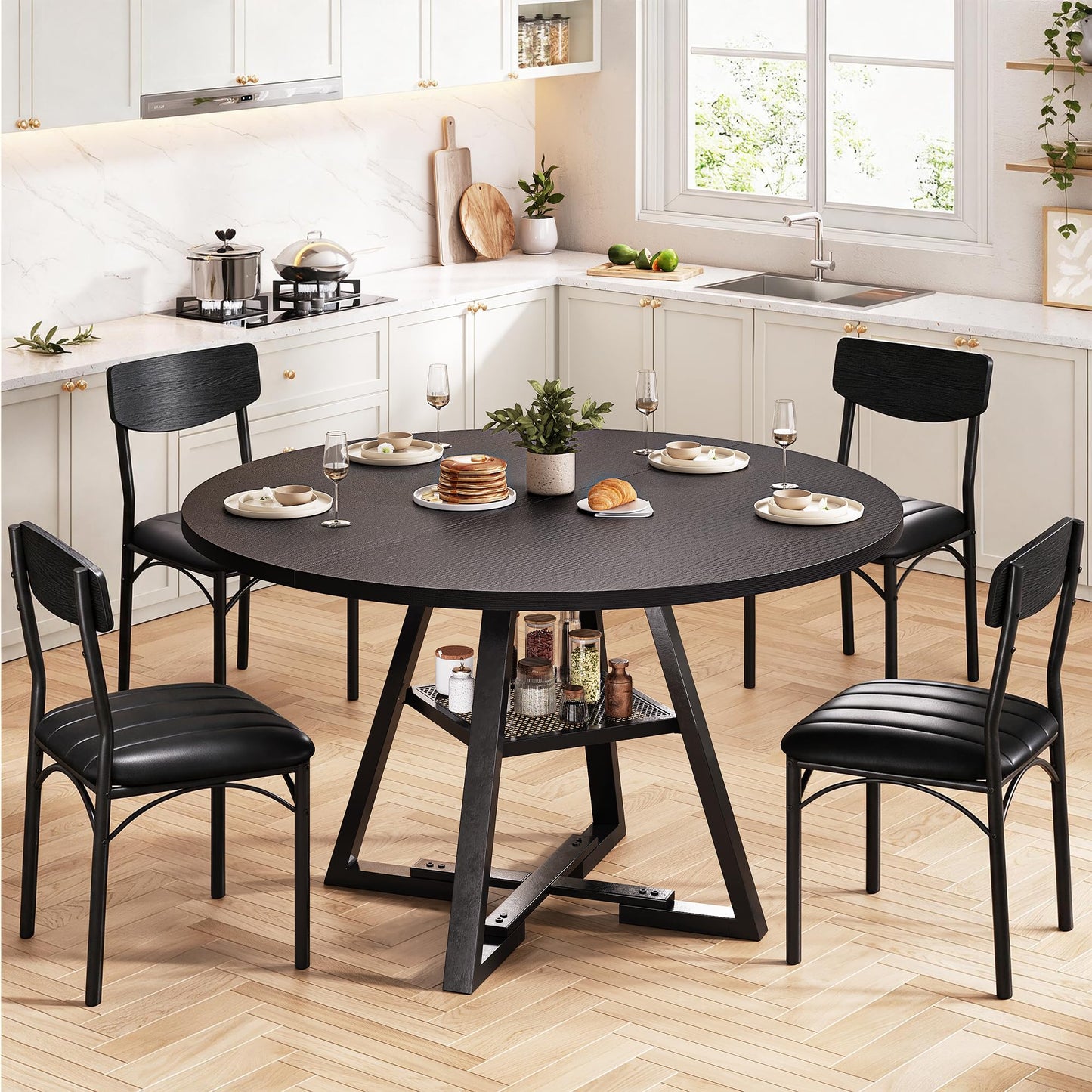 Jocoevol Round Dining Table and 4 Chairs Set of 4-6, Circle Dinner Table with Shelves, Space Saving Wood Kitchen Room Furniture (Black, 47 inch)