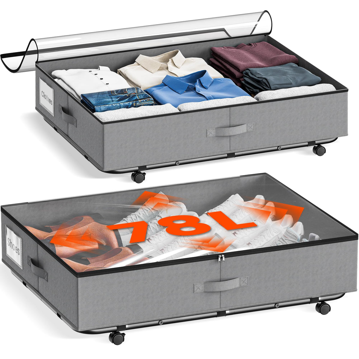 XXXL 78L Under Bed Storage on Wheels, 2-Pack Rolling Storage Containers with Clear Lid & Label, Heavy-Duty Metal Frame, Easy Pull-out
