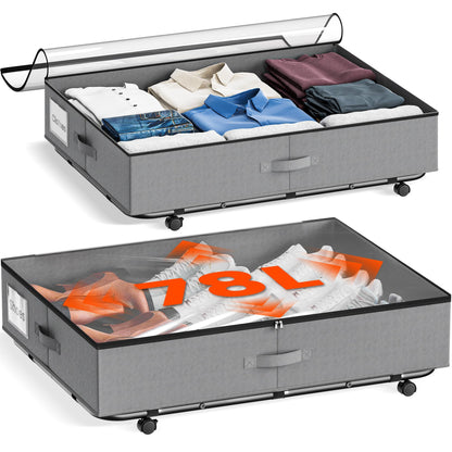 XXXL 78L Under Bed Storage on Wheels, 2-Pack Rolling Storage Containers with Clear Lid & Label, Heavy-Duty Metal Frame, Easy Pull-out