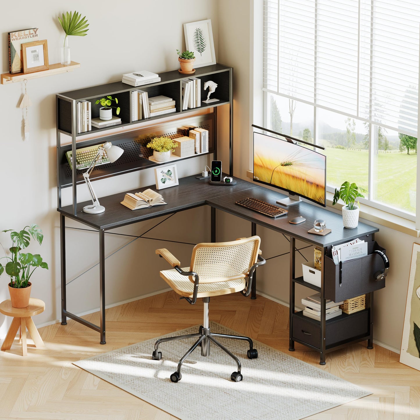 CAIYUN 148x120cm L-Shaped Corner Gaming Desk, Reversible Computer Workstation with RGB LED Lighting, Charging Socket, Pegboard Organizer