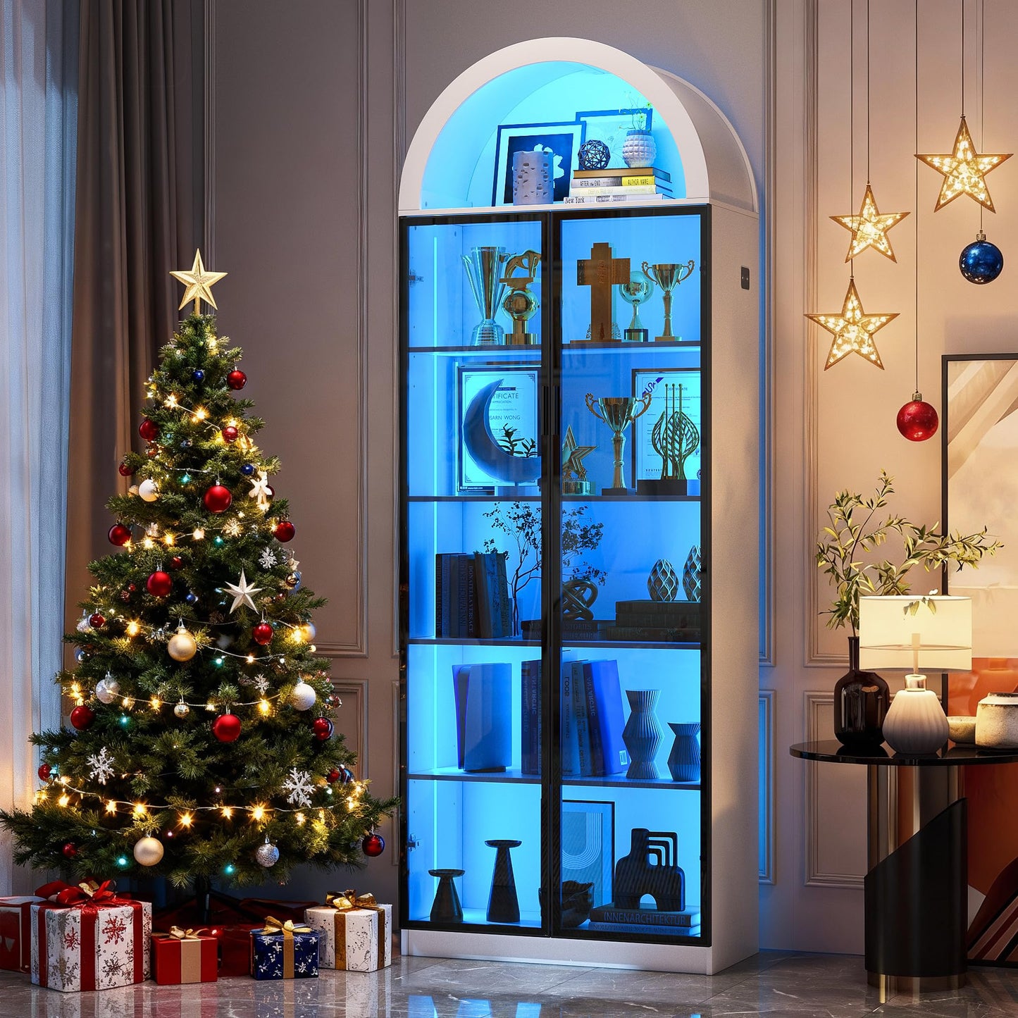 FREDEES Arch Display Cabinet with Doors and LED Lights, 195CM, White