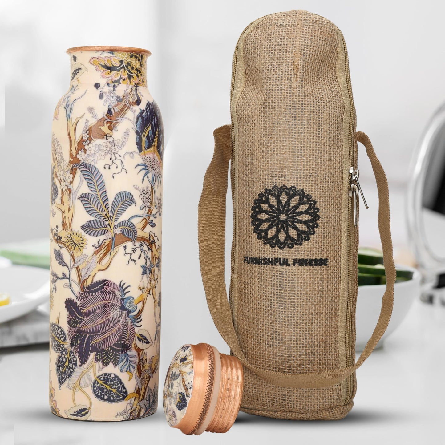 34 Oz Pure Copper Water Bottle With Ayurvedic Benefits, Printed Copper Bottle With Carry Bag For Drinking Leak Proof Handcrafted Copper Water Vessel