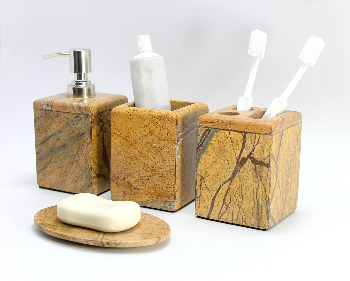 KLEO - Bathroom Accessory Set made from Natural Stone - Bath Accessories set of 4 includes Soap Dispenser, Toothbrush Holder, Tumbler and Soap Dish
