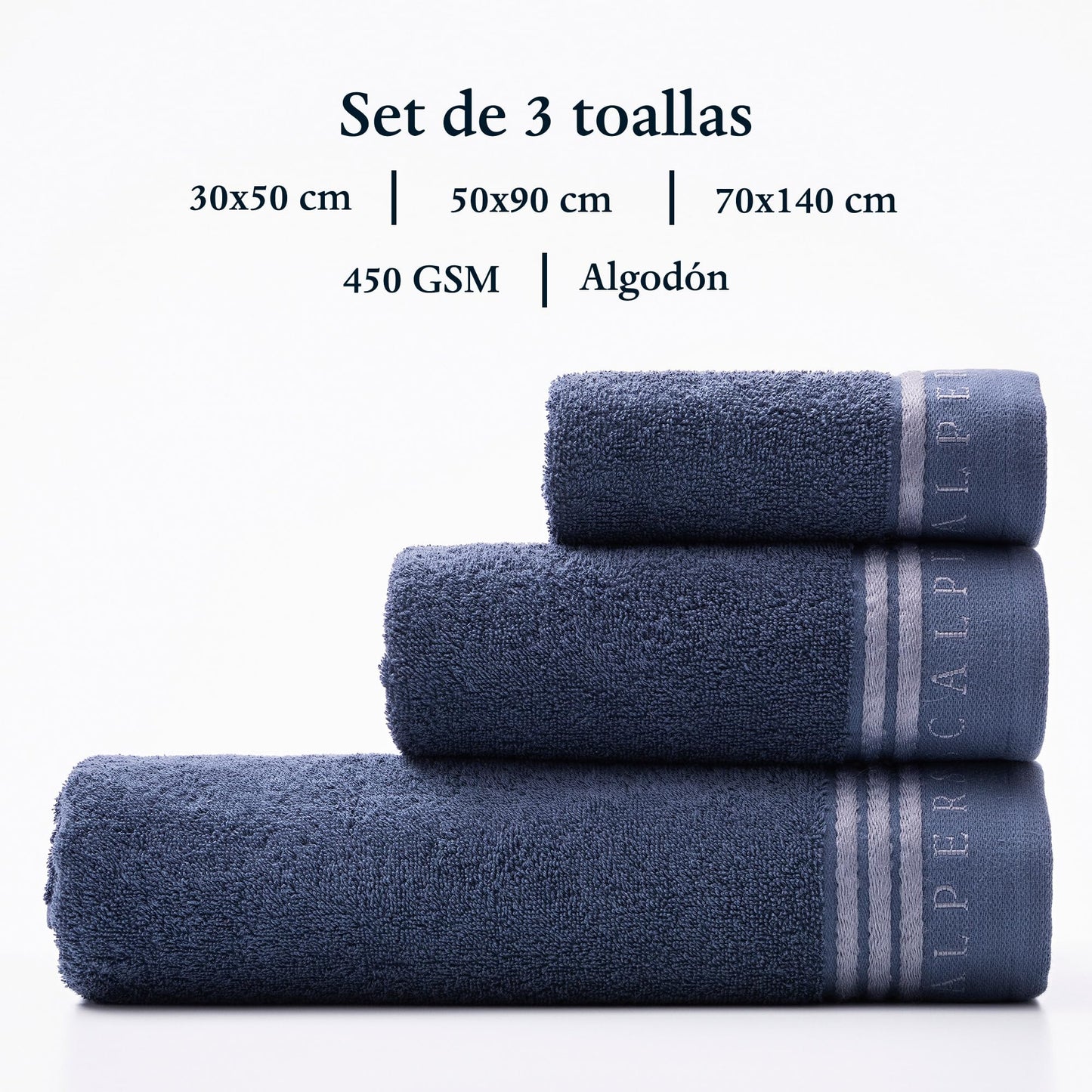 Scalpers Set Bath Towels (Vanity 30 x 50 cm + Hands 50 x 90 cm + Bath 70 x 140 cm) 450GSM Cotton Blue with Grey Home