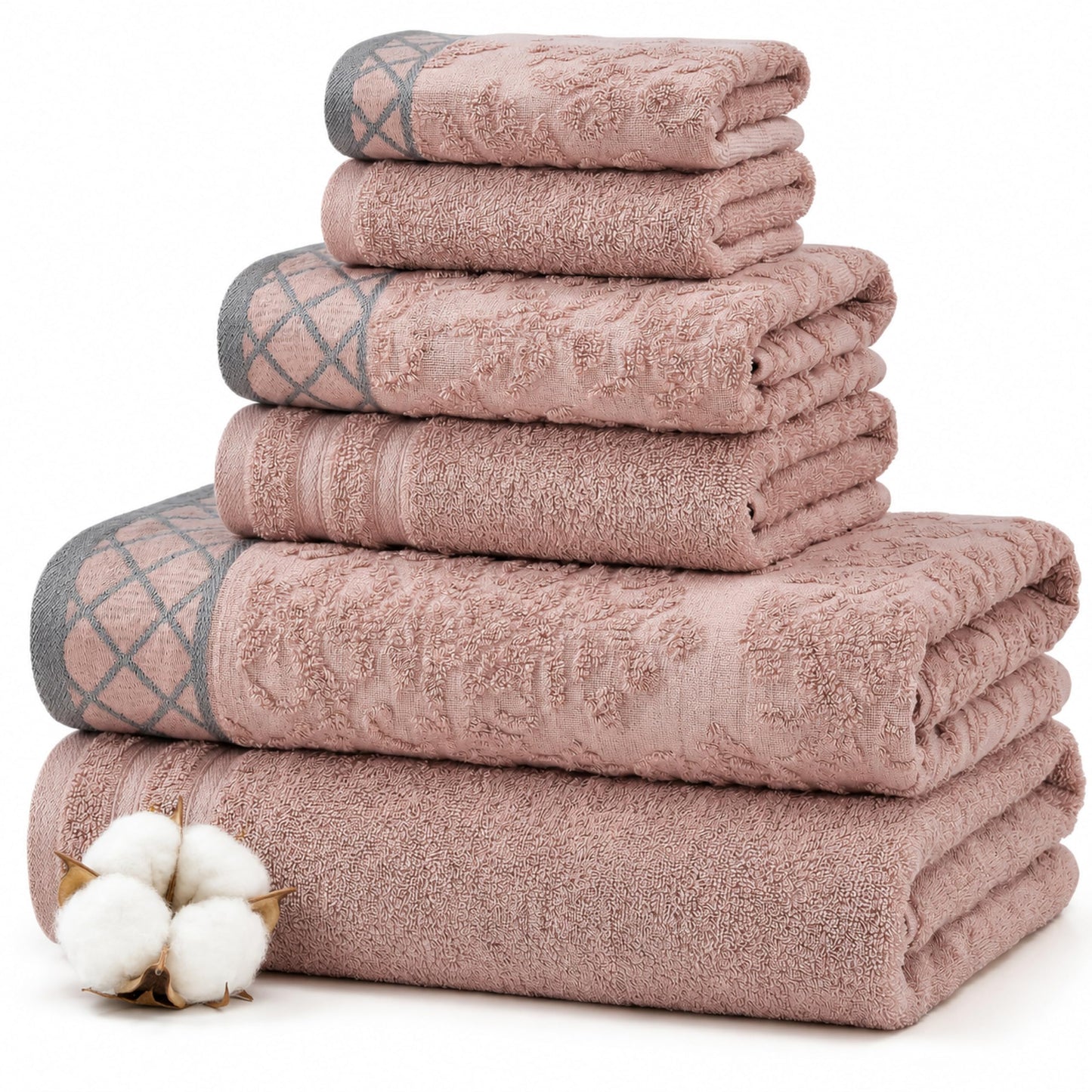 Pacific Coast Textiles Damask Jacquard Towels with Embellished Border, Cotton, Peach, Set of 6