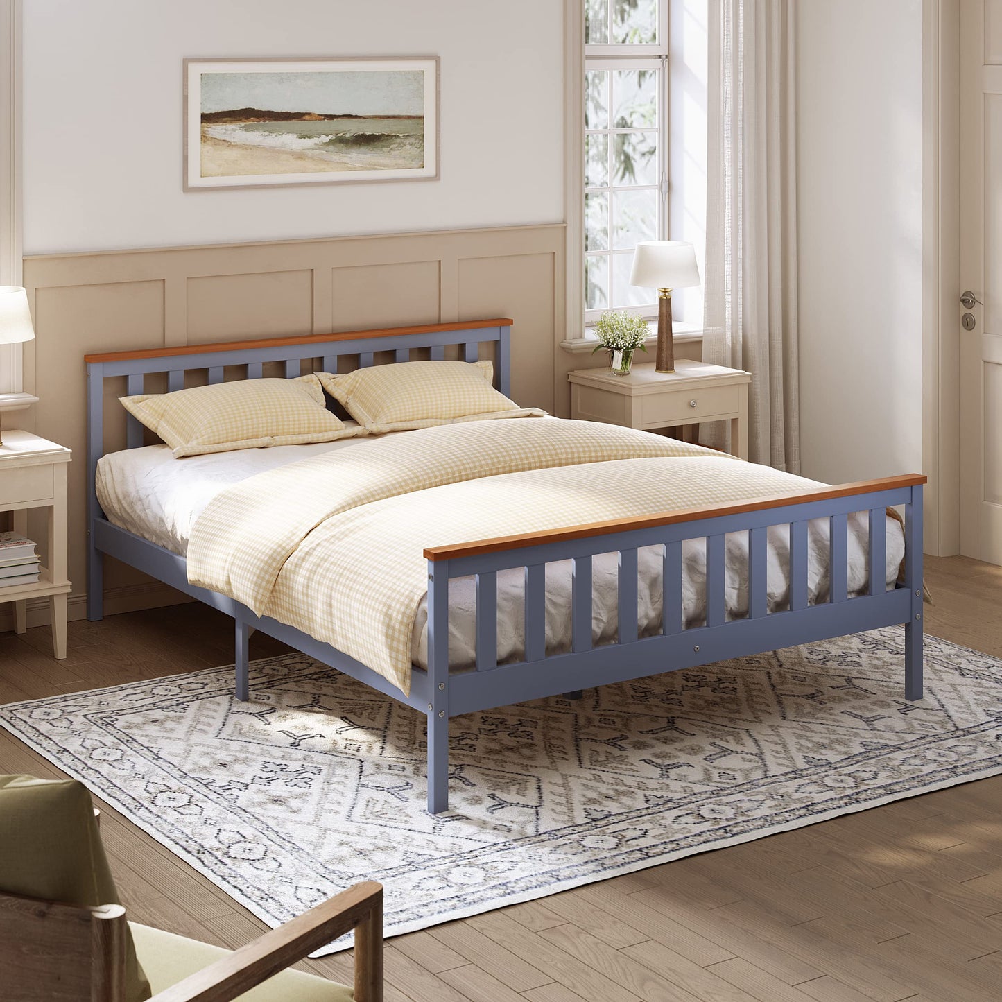 ELEGANT King Solid Wood Bed Frame with Slatted Headboard 5ft, 150x200cm