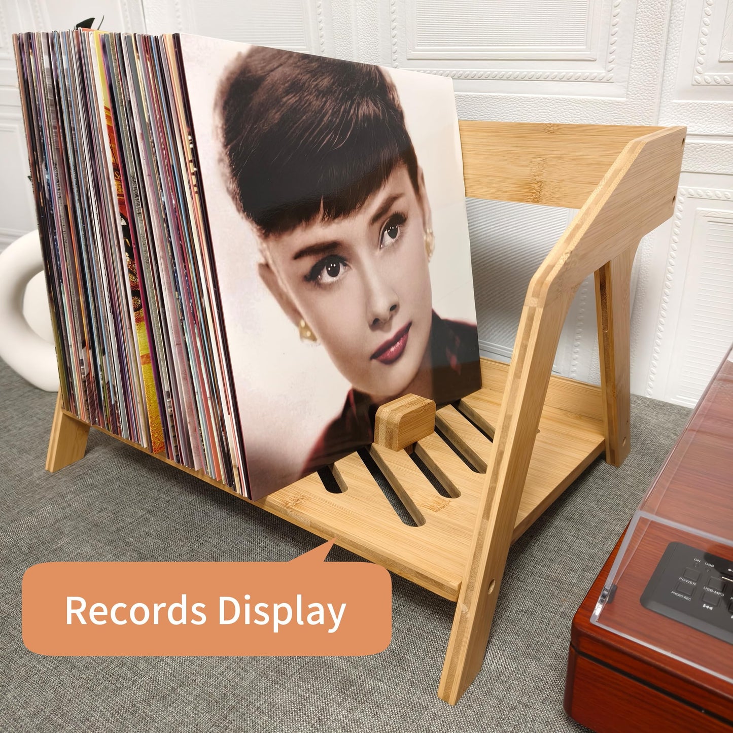 Bamboo Vinyl Record Holder - Stylish Chair Design, Holds Up to 80 12" LPs, Elegant Vinyl Record Storage, CD & Magazine Rack, Book Holder (Natural)