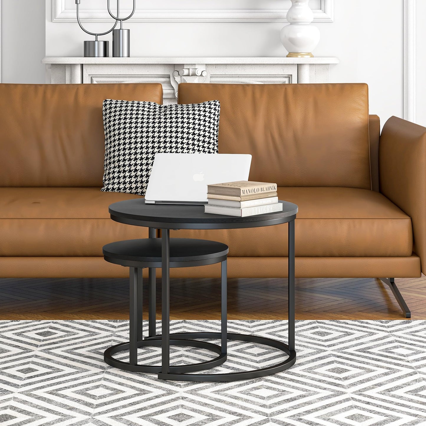 HOJINLINERO Small Round Nesting Coffee Table Set of 2 with Metal Frame and Wood Top, Modern Stacking Side Table for Living Room, Bedroom, Office
