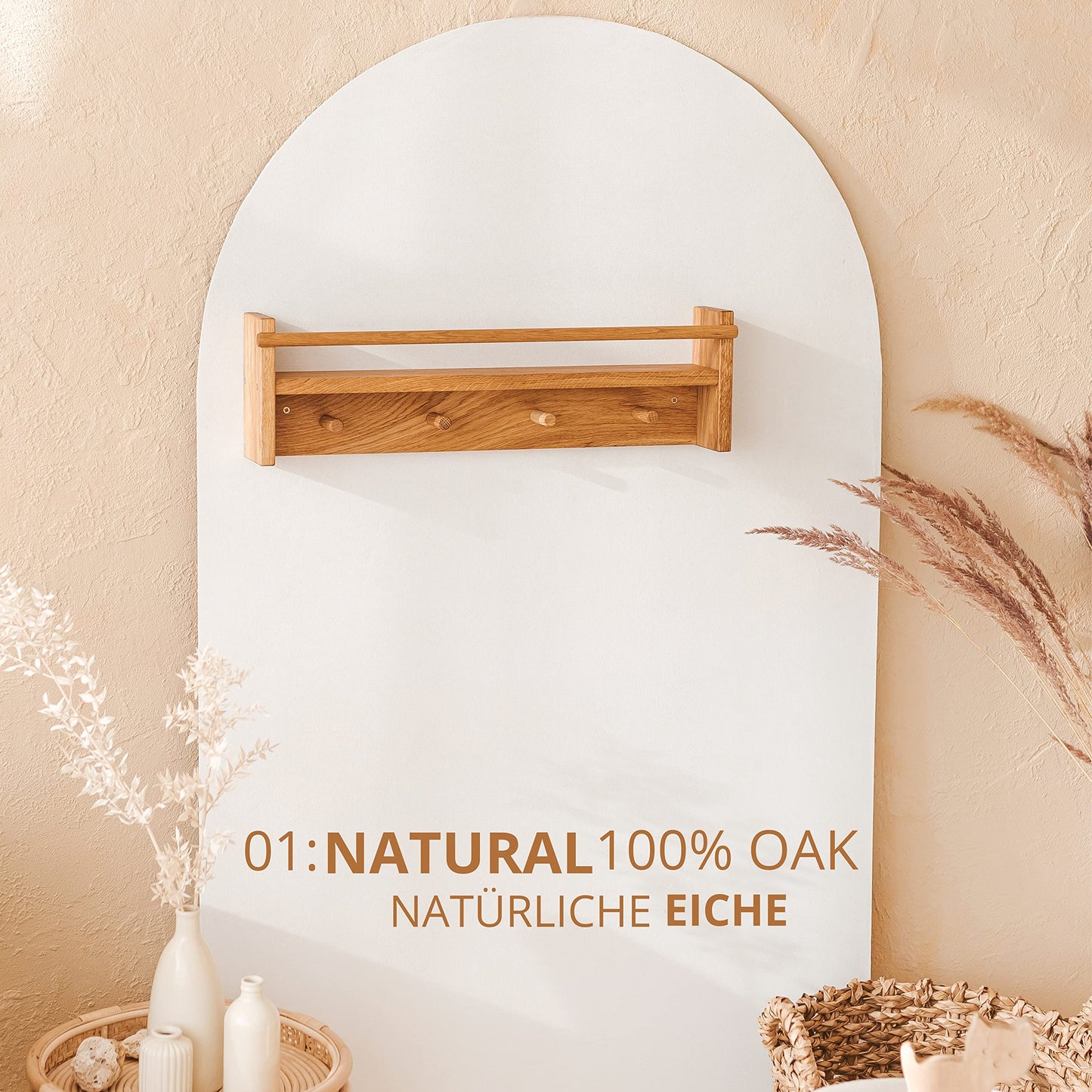 MINICAMP Solid Oak Coat Hooks Wall Mounted - Floating Kids Bookshelf - Coat Rack with Shelf and 4 Pegs - Wooden Children Clothes Rail