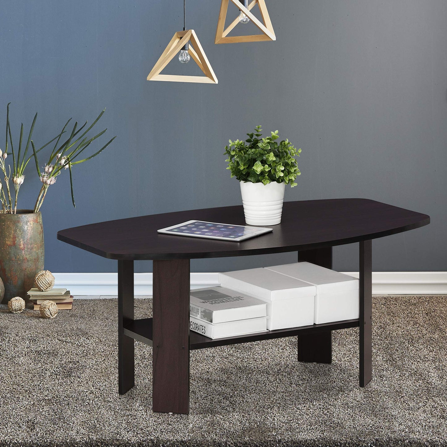 Furinno SIMPLE DESIGN Coffee Table, Small Coffee Table wih Open Shelf, Side Table, for Living Room, Home Office, Dark Walnut