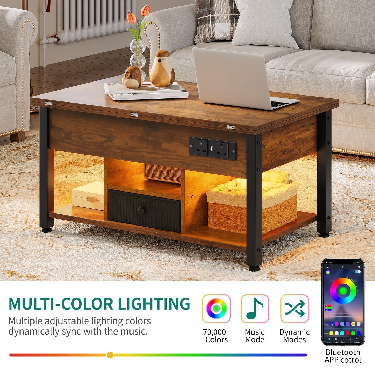 YITAHOME Folding Lift Top Coffee Table with Drawer, 4-in-1 Convertible Table with Storage Space and Type-G Outlets