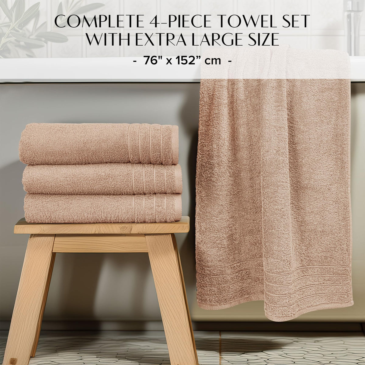 100% Cotton Extra Large Bath Towels Set of 4 76x152cm Beige - 450 GSM