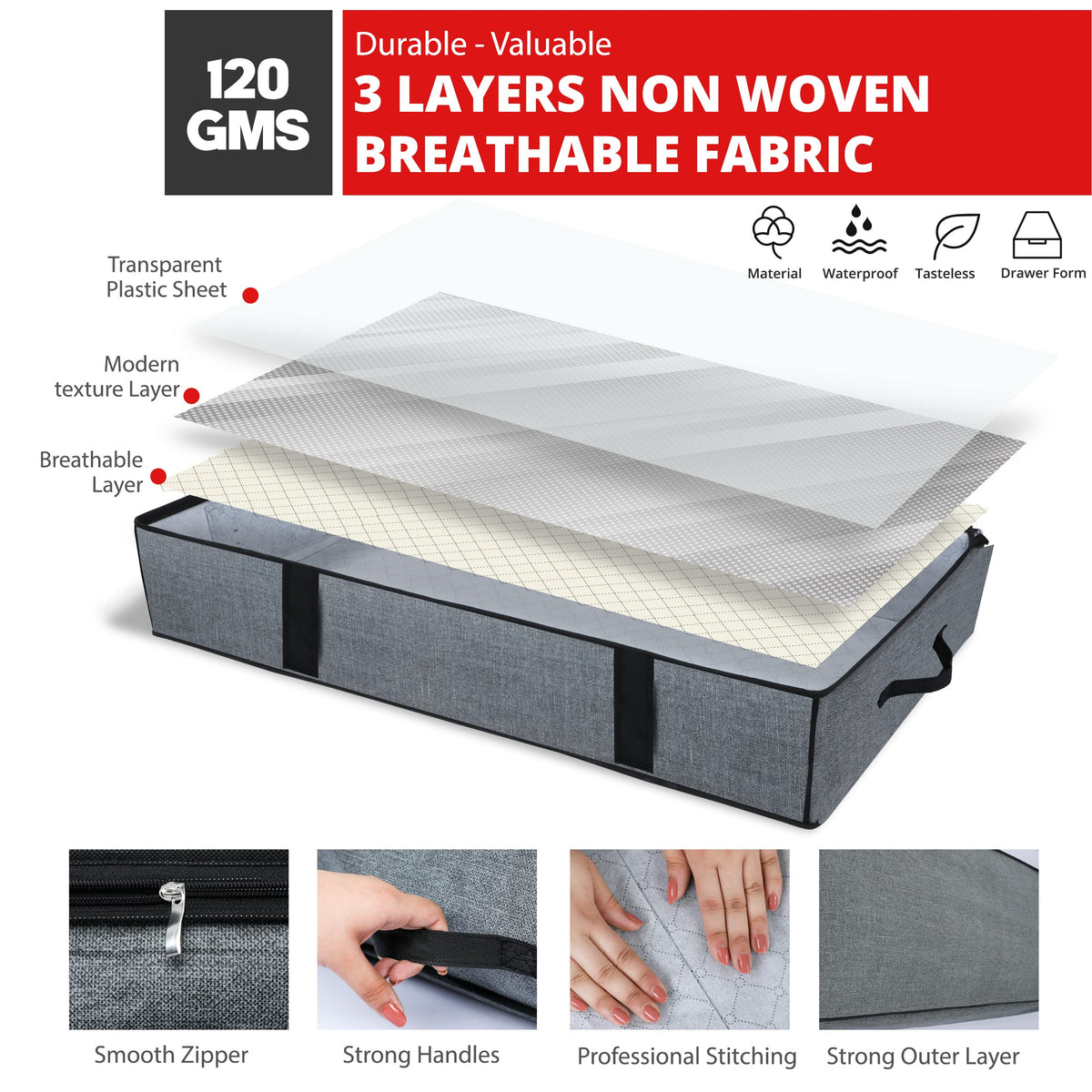 Mintry 90L underbed storage boxes- Pack of 2 Large under bed storage bag with 3x Bonus Large Zip lock Bags- Clothes storage boxes with lid & PVC