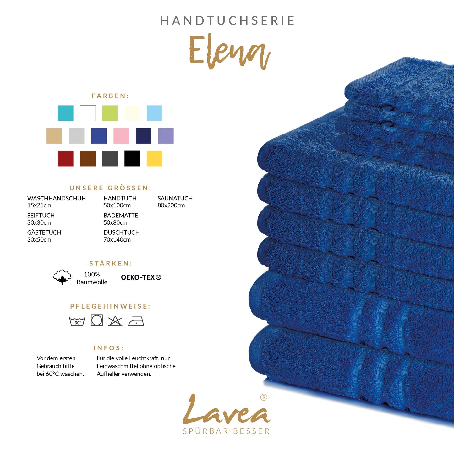Lavea 10-Piece Terry Cloth Towel Set, 30 x 30 cm, 100% Cotton Terry 500 g/m², Guest Towels and Small Washcloths, Easy Care 60 °C, Terry Series Elena