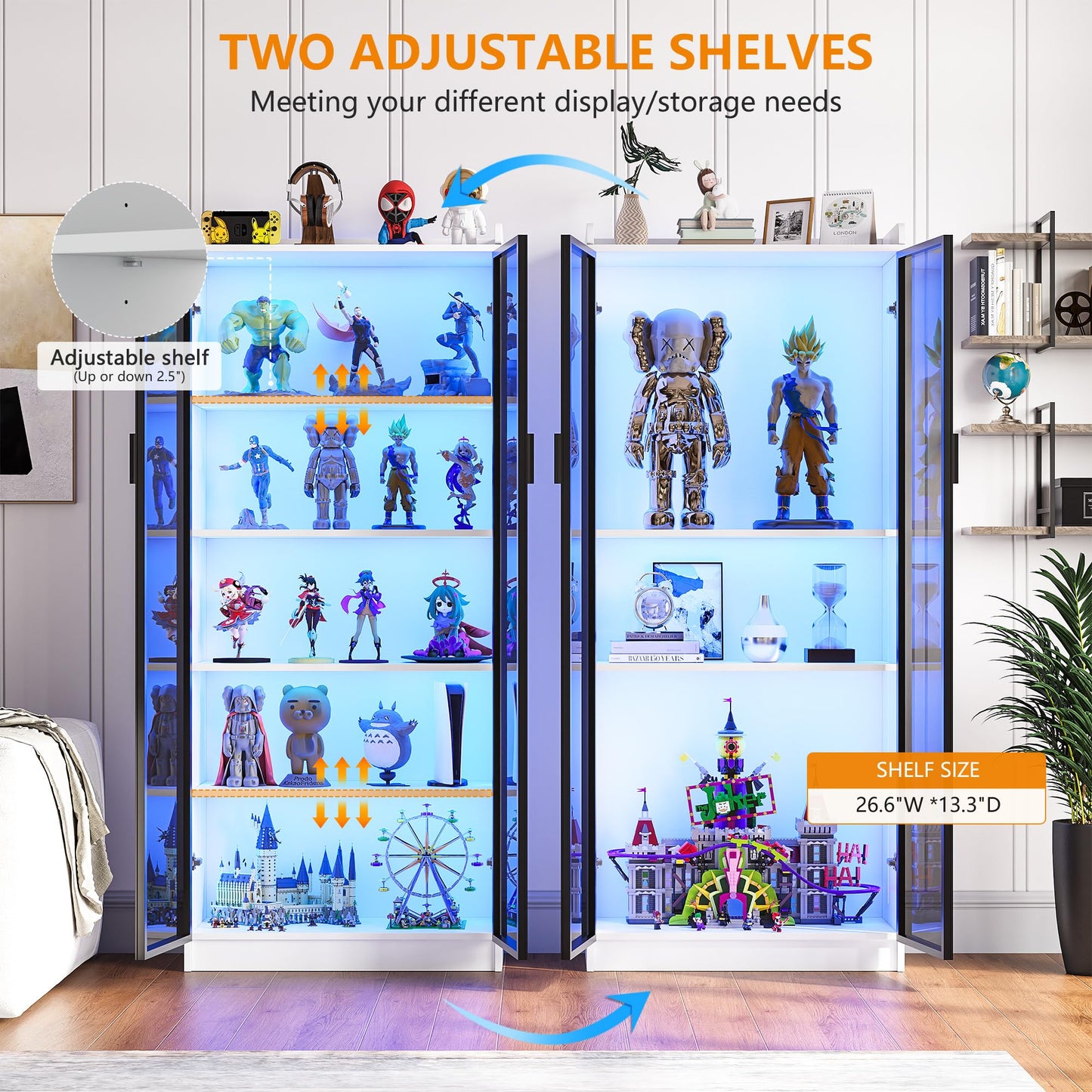 FREDEES LED Display Cabinet with 2 Doors and Adjustable Shelf, 165CM, White