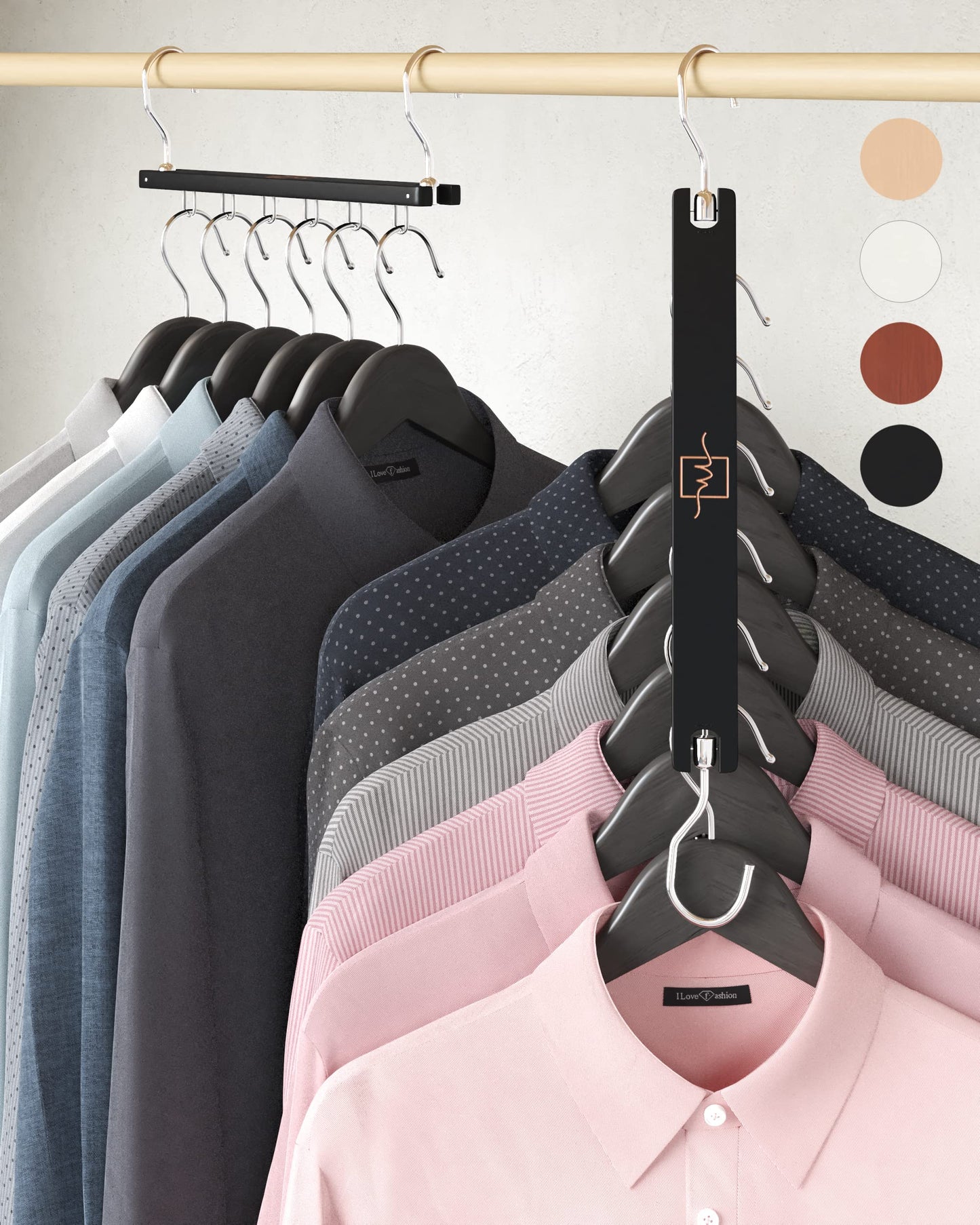 MORALVE Space Saving Hangers for Wardrobe – 4 Pack European Beechwood 6-Tier Shirt Organiser with 360° Swivel Hook