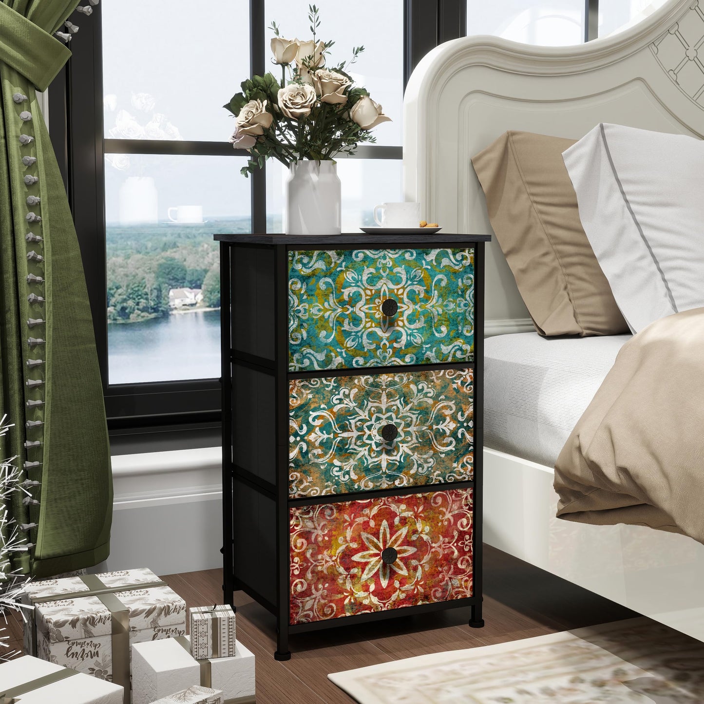 Welfuturer Chest of Drawers Bedroom with 3 Fabric Drawers Bohemian Print, Small Storage Unit Nightstand End Table with Wood Top Metal Frame for