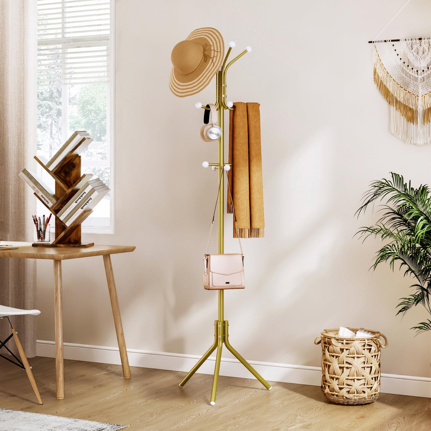 Hoctieon Freestanding Coat Hanger Stand with 12 Hooks, Entryway Hall Tree, Floor Standing Coat Rack, Gold