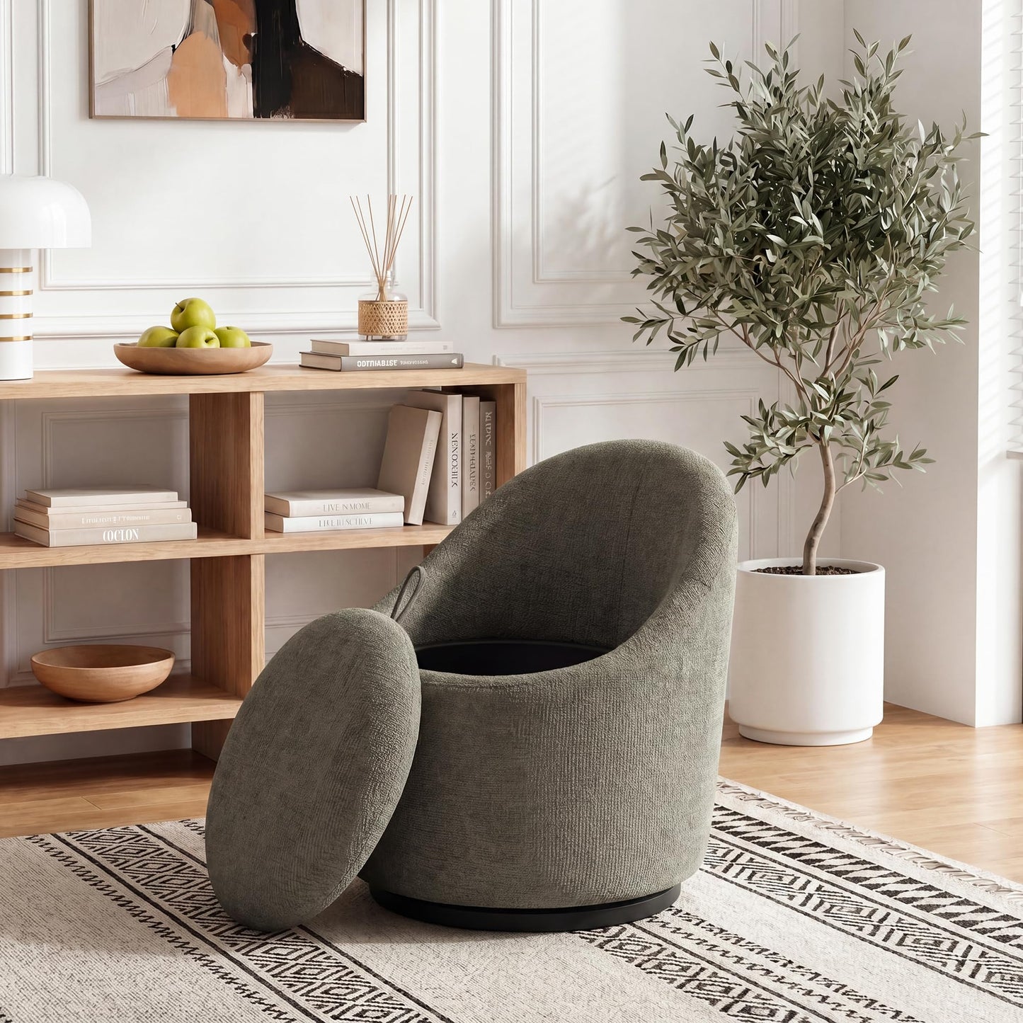 Barrel Swivel Accent Chair with Hidden Storage, 360° Rotating Lounge Chair, Upholstered Breathable Fabric, High Density Foam Seat