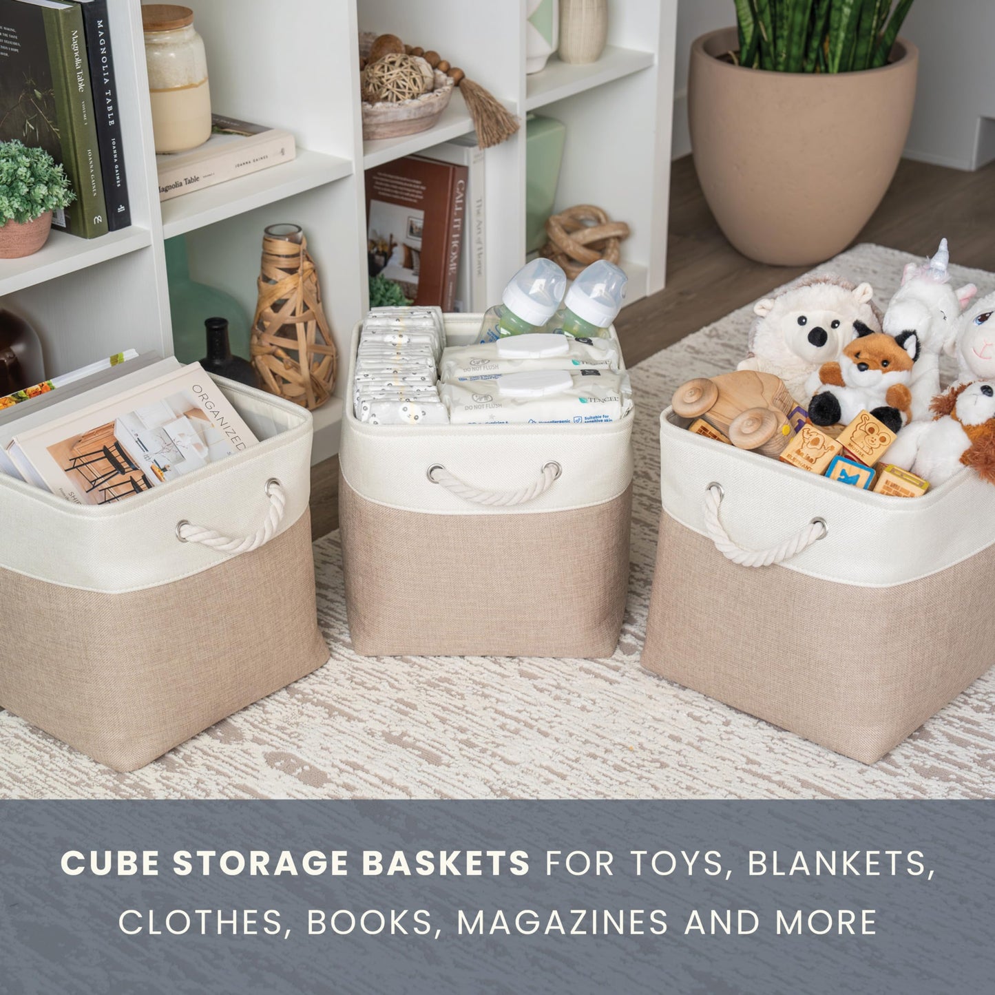 OrganiHaus Fabric Storage Boxes, Set of 3 Foldable 28x28 Cube Organiser Bins with Rope Handles for Shelves, Nursery & Closet