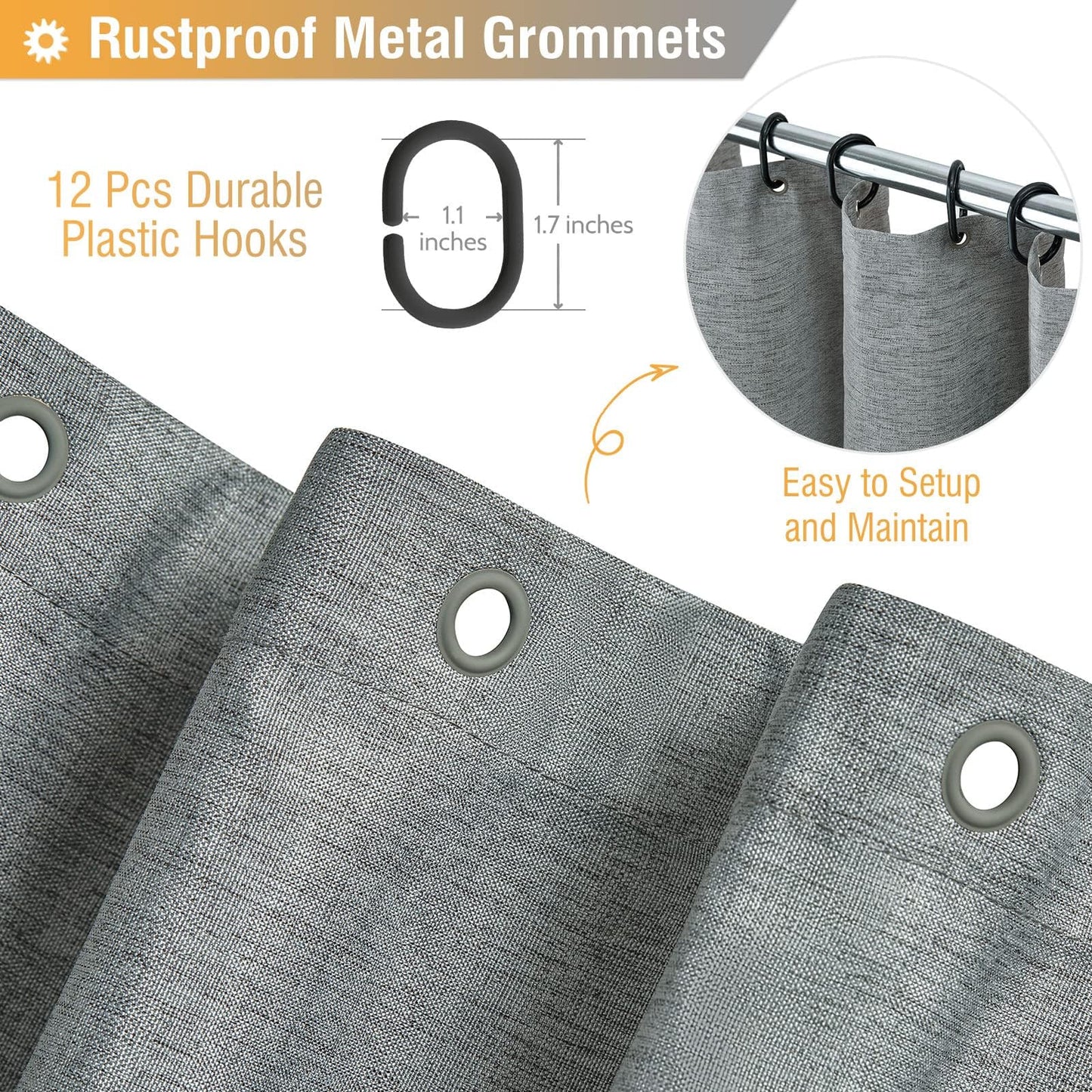 BTTN Long Linen Look Weighted Shower Curtain, Waterproof, 182x200cm, Grey