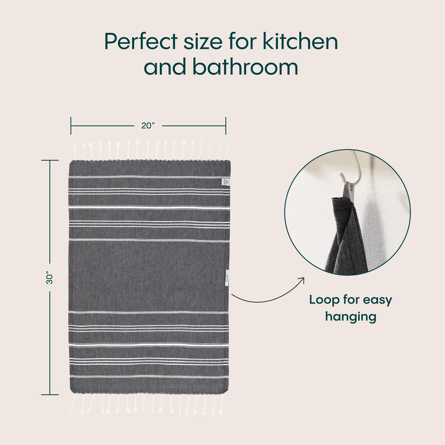 WETCAT Turkish Hand Towels with Hanging Loop, Set of 2 (20" x 30") 100% Turkish Cotton, Pre-Washed, Quick Drying, for Kitchen or Bathroom - Black