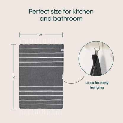 WETCAT Turkish Hand Towels with Hanging Loop, Set of 2 20" x 30" 100% Turkish Cotton, Pre-Washed, Quick Drying, for Kitchen or Bathroom - Black