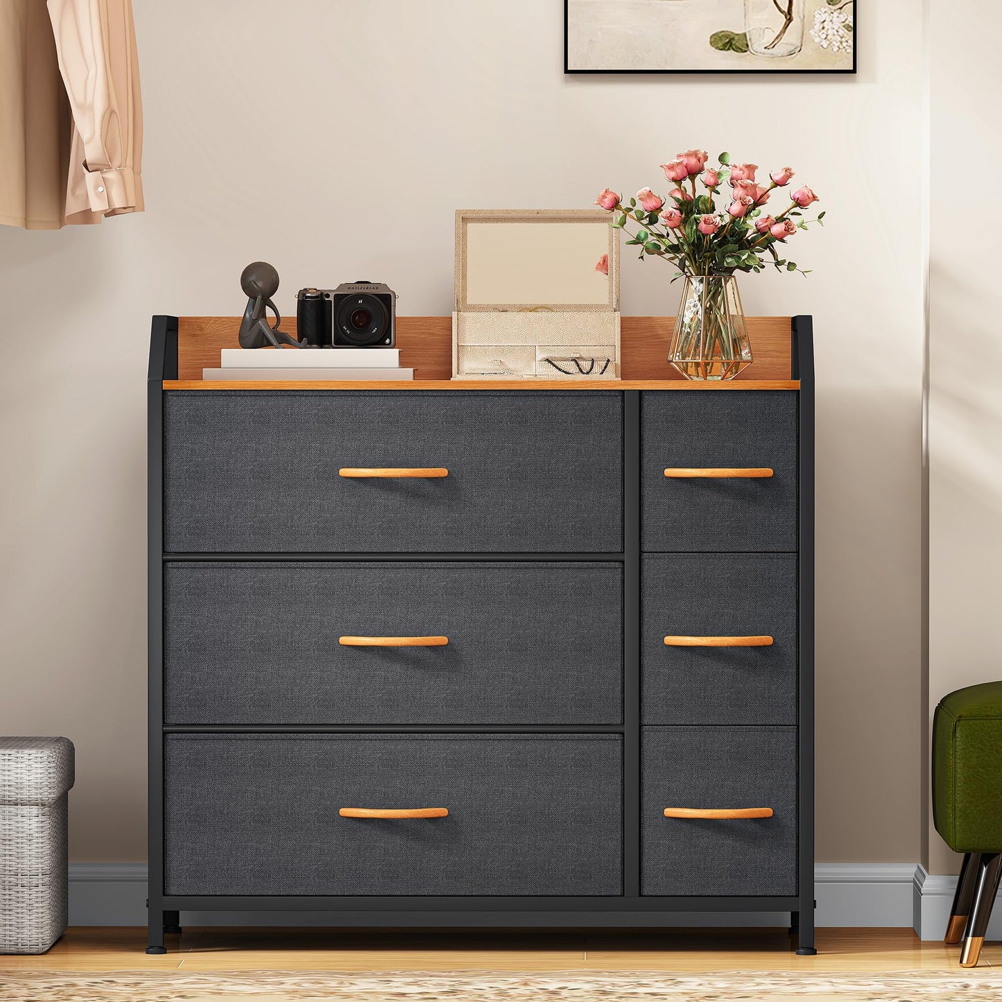DWVO Chest of Drawers,Fabric Chest of Drawers Bedroom Cabinet with 6 Drawers,Dresser for Bedroom,Living Room With Handles,Wood Top and Sturdy Steel