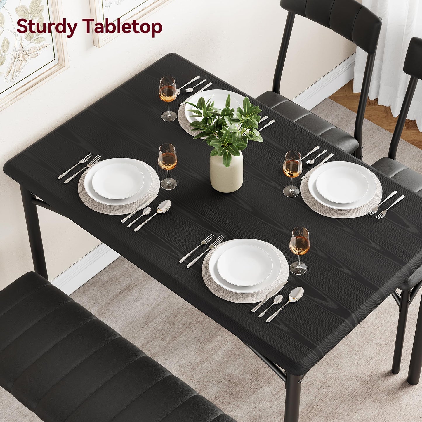 Crevyteg Space-Saving 4-Piece Dining Table Set Modern Industrial Kitchen Table with 2 Chairs and Bench for 4 Seater Dining Room Small Spaces