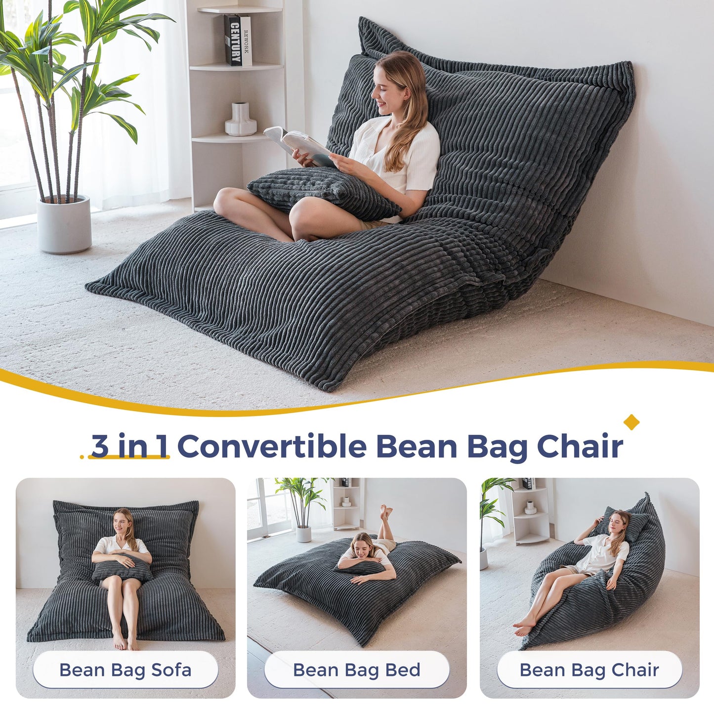 MAXYOYO Giant Bean Bag with Pillow, Soft Corduroy Removable Cover, Large Floor Cushion with Fluffy Foam Filling, BeanBag Chair for Adults & Kids