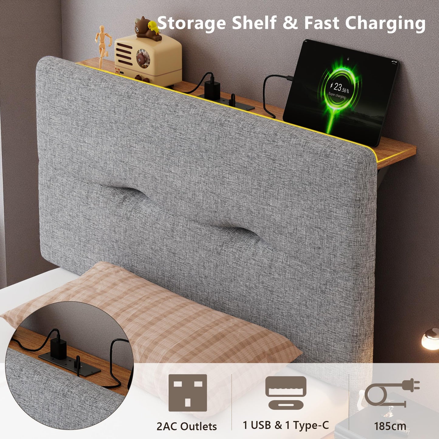 Feonase 3ft Single Bed Frame with Storage Linen Headboard, Upholstered Single beds with Charging Station, Sturdy Wooden Slat Support, Easy Assembly