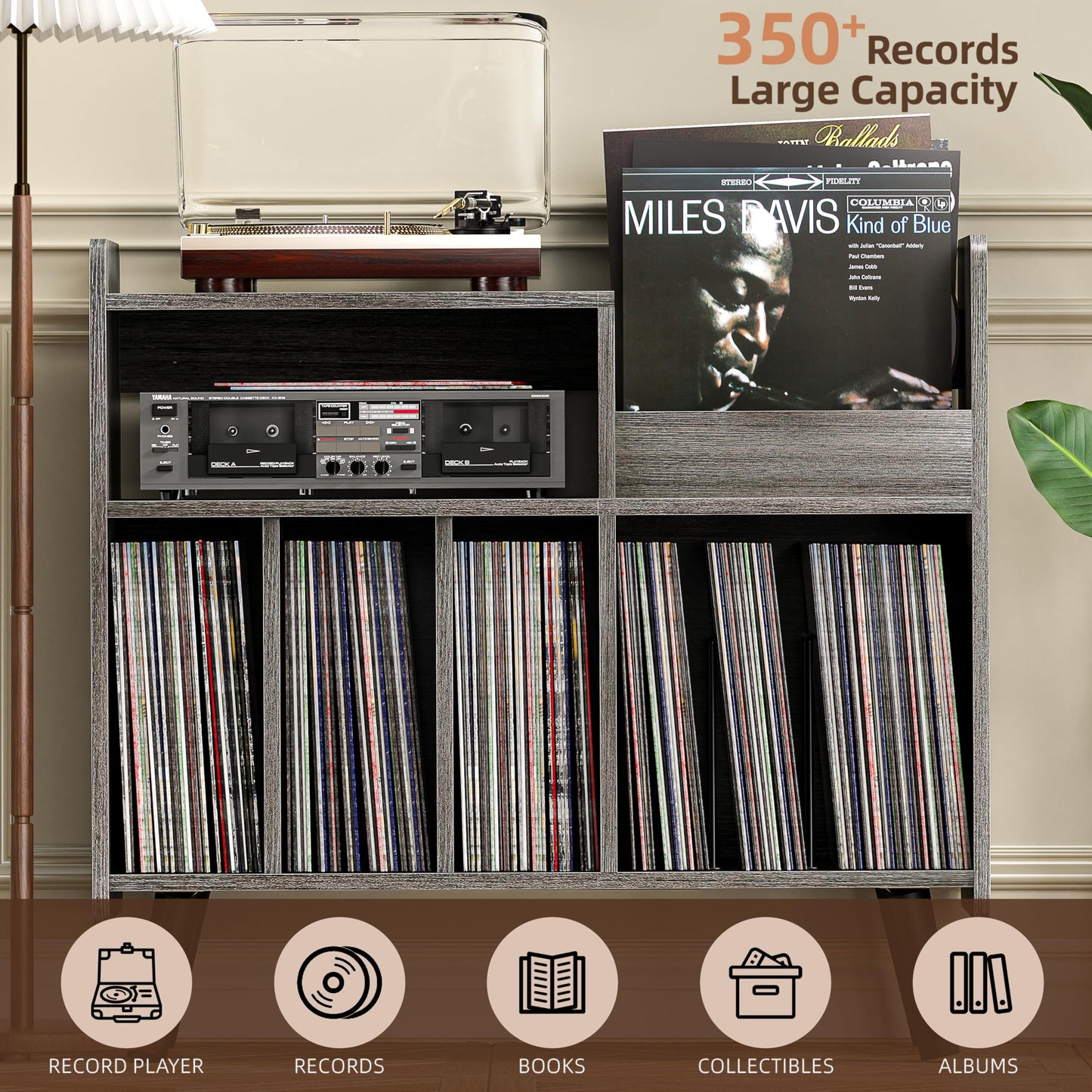 UODERS Record Player Stand, Large Record Player Table Cabinet with Open Vinyl Storage and Display Shelf Holds up to 350 Albums