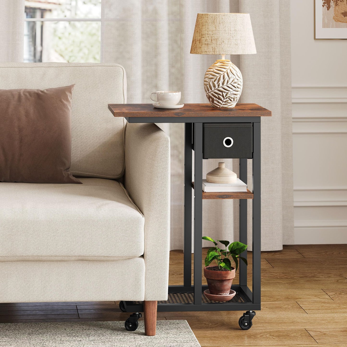 YITAHOME Bedside Table, C-Shaped Side Table with Fabric Drawer and Wheels