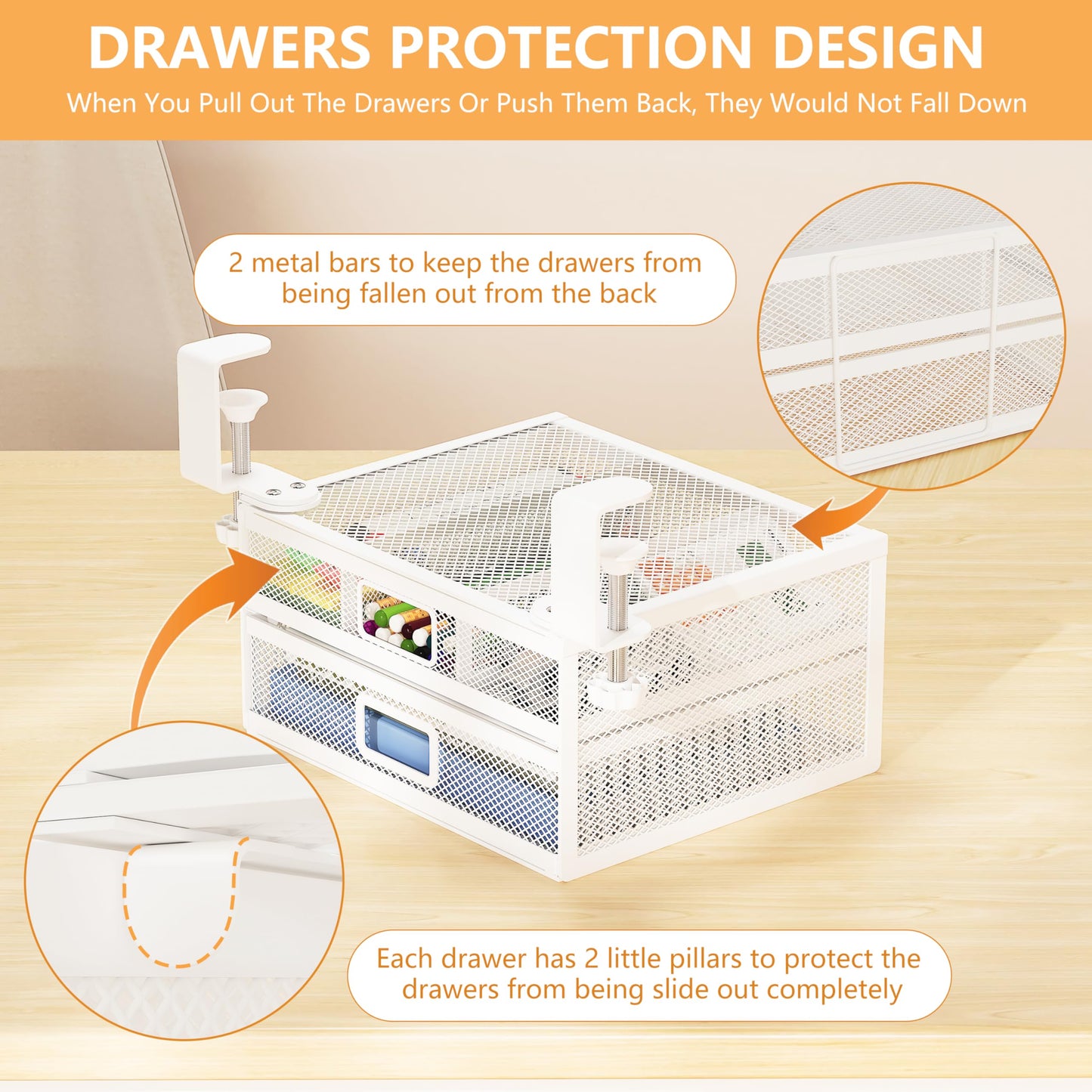 ROLIZOE Clamp On Under Desk Drawers 2 Large Capacity Mesh Metal Drawers Slide Out Under Desk Storage No Drill Under Desk Drawer Organiser Anti-Slip