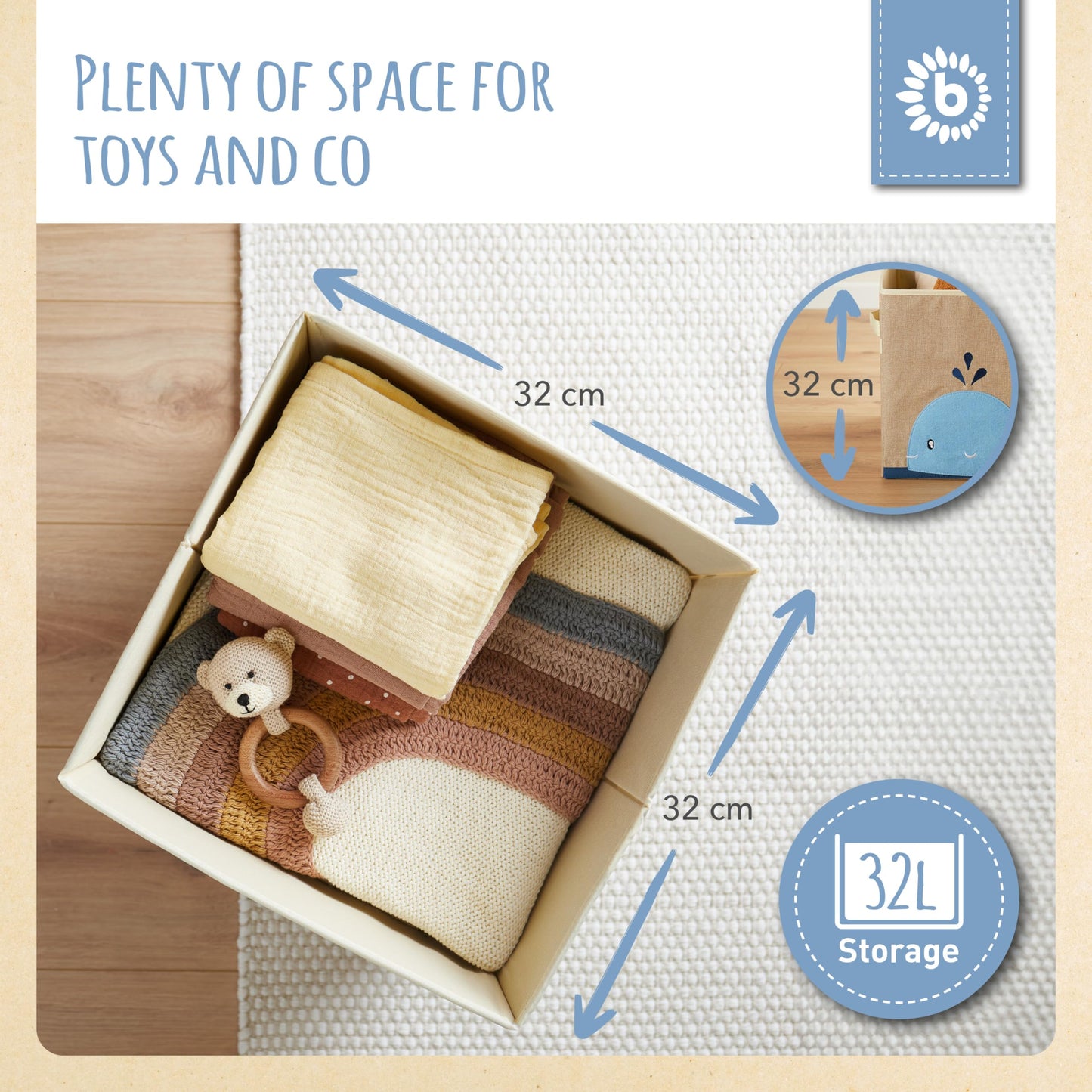 BIECO Storage Box for Kids Room | Whale Toy Storage Box | 33x33x33 cm, Fits Kallax Shelf, Toy Chests, Folding Boxes, Kids Baskets