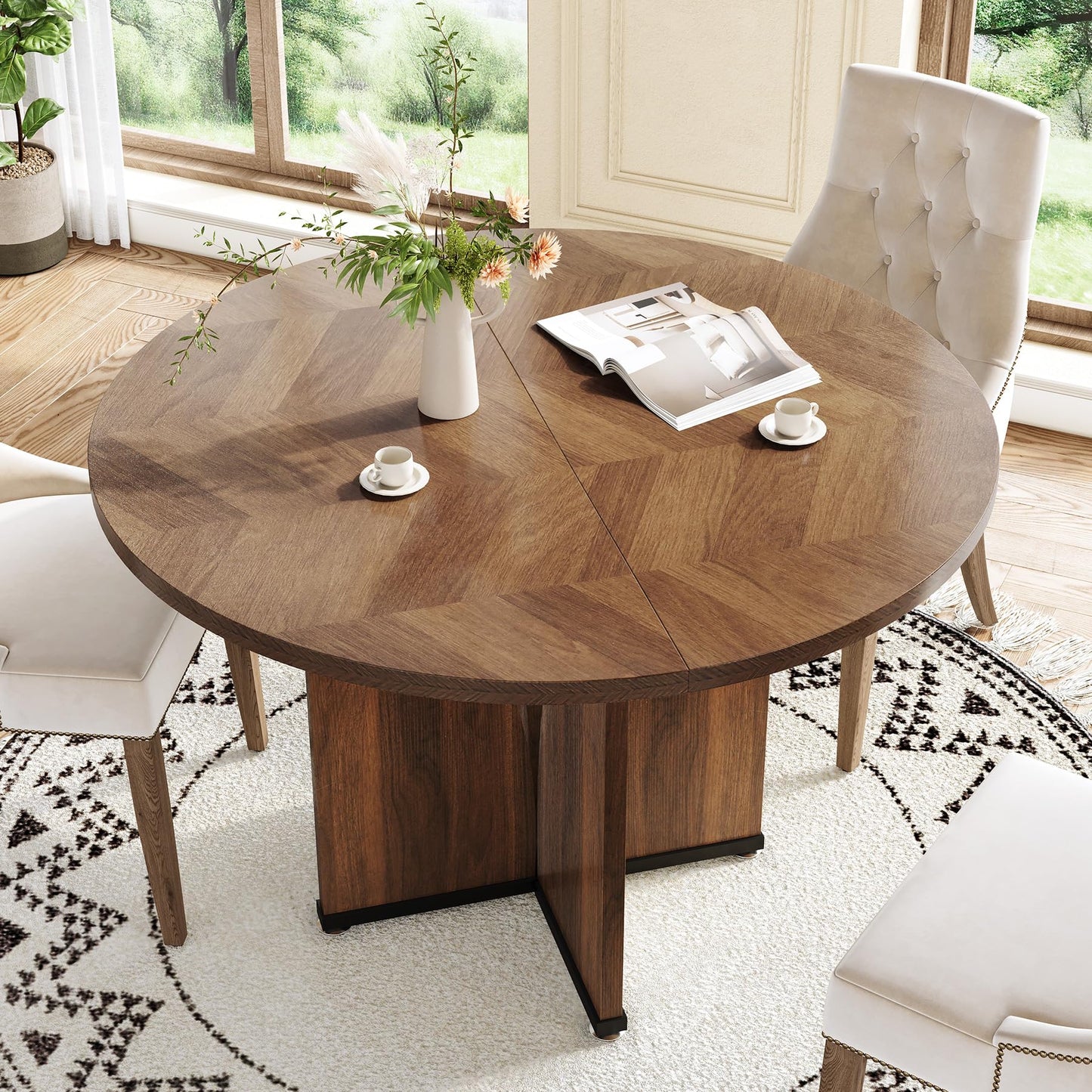 Tribesigns 39-Inch Small Round Dining Table for 4, Rustic Brown Farmhouse Kitchen Table with X-Shaped Stable Pedestal, Round Dining for Living Room