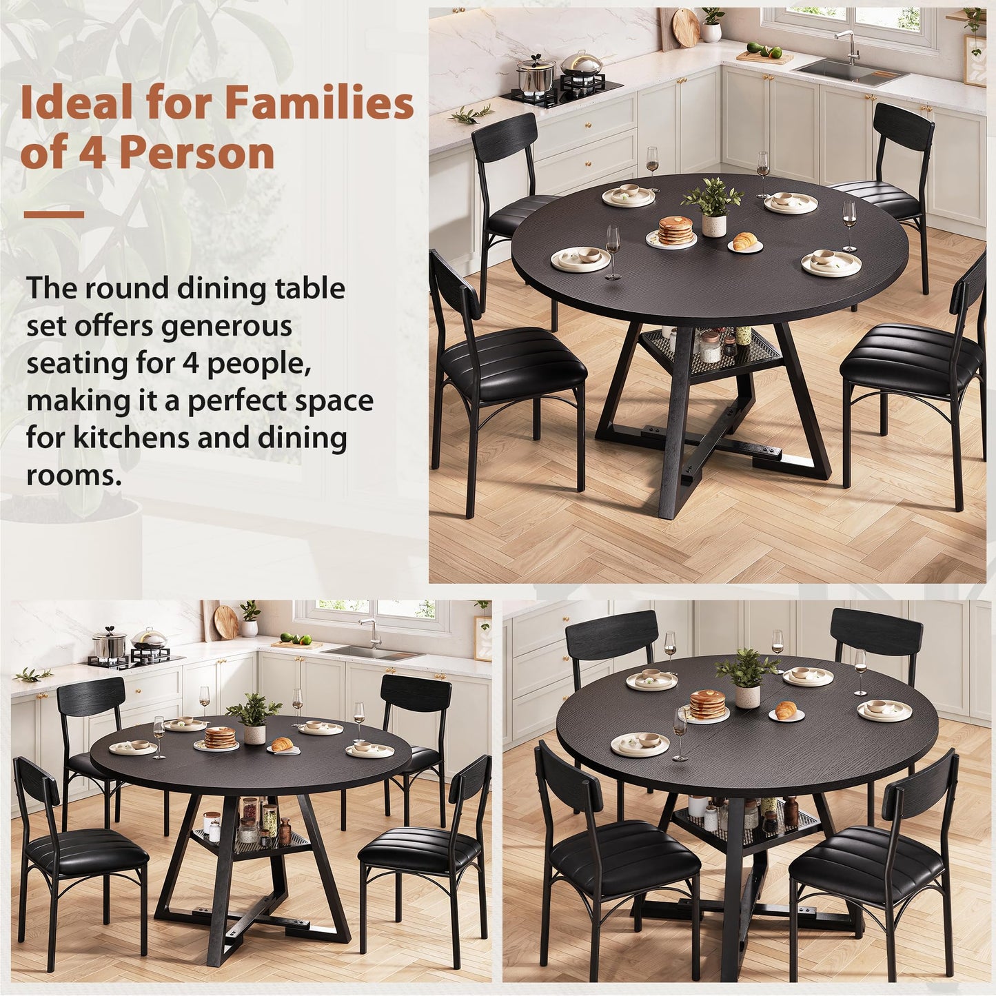 Jocoevol Round Dining Table and 4 Chairs Set of 4-6, Circle Dinner Table with Shelves, Space Saving Wood Kitchen Room Furniture (Black, 47 inch)