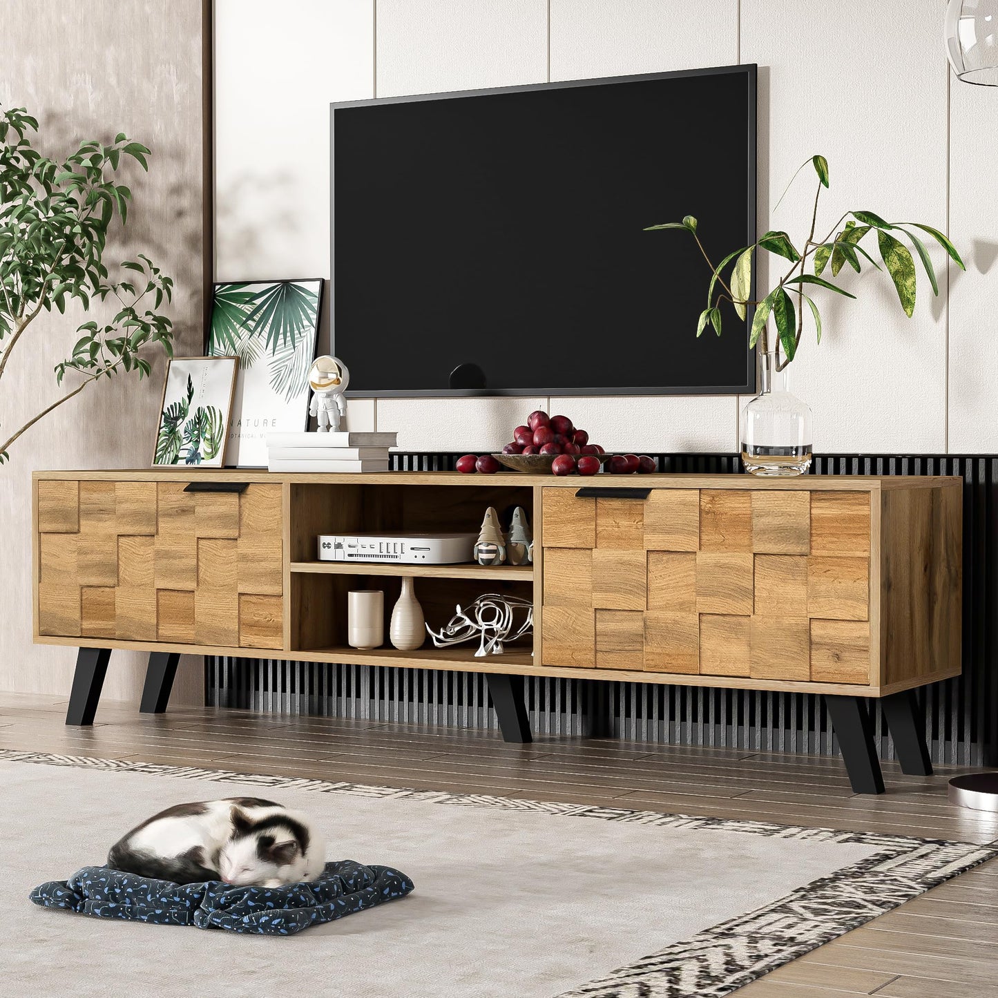 Ball & Cast Modern TV Cabinet with 2 Doors and 2 Open Shelves – 160.5 x 35.5 x 45 cm(Color May Vary Slightly Depending on Lighting)
