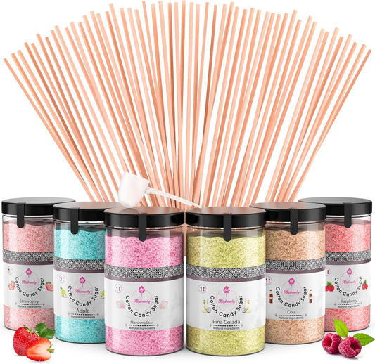 Candy Floss Sugar Pack (6 * 300g) (Strawberry, Pina colada, Marshmallow, Raspberry, cola, apple) Use in Cotton Candy Maker + 50 Sticks of 30 cm (free)