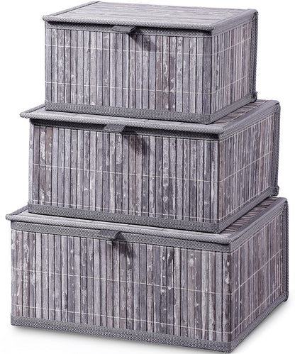 Honygebia Storage Box with Lid, Grey, Bamboo Decorative Storage Basket, Set of 3 Rattan Baskets with Lid, Woven Fabric Insert for Bathroom, Kitchen
